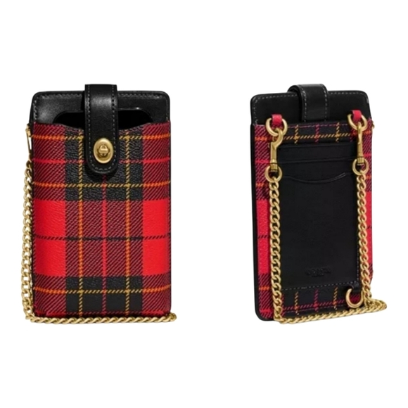 COACH PHONE CROSSBODY PURSE PLAID PRINT TURNLOCK CHAIN IN RED MULTI - Picture 1 of 3